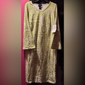 NWT Ashro Dress Size L Green White Long Sleeve Knee Length Garden Party Church